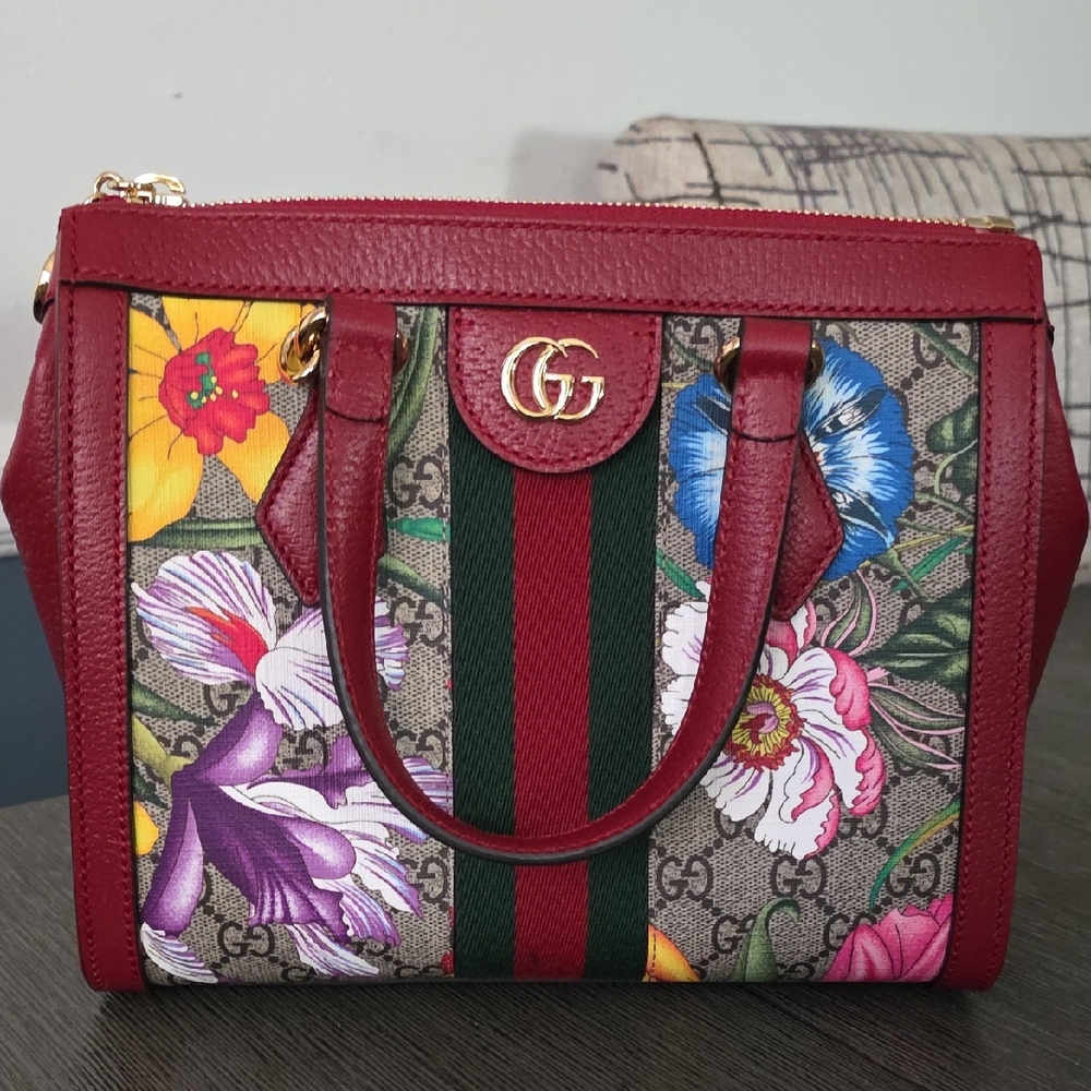 💯Authentic GUCCI Ophidia Floral Red  Small Tote Handbag - Like New